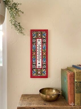Vintage Spanish Ceramic Tile Wall Thermometer 🌡️ Floral Hand Painted Decor
